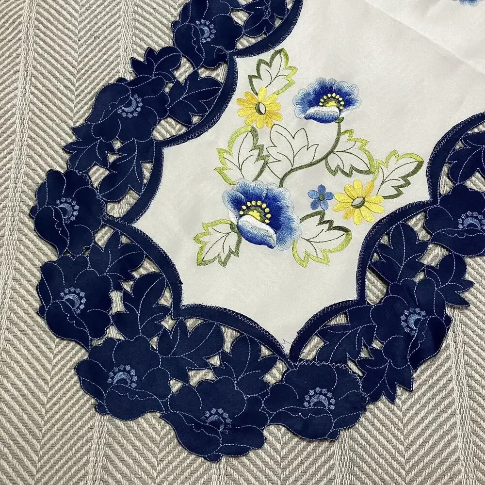Floral Table Runner Machine Embroidered and Cut Blue Lace Trim 15x34 Polyester